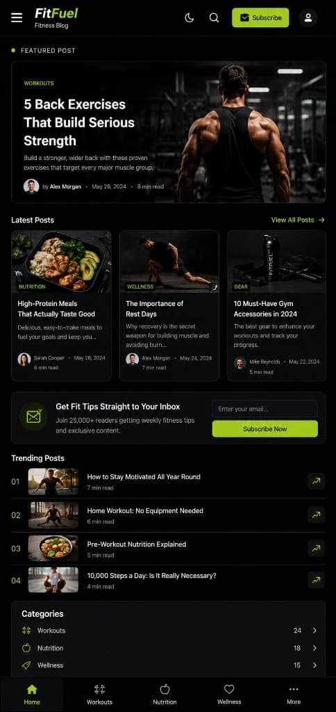 FitFuel fitness blog mobile design